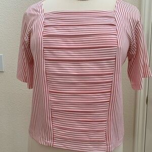 Private Label square neck, red and white stripe shirt.
